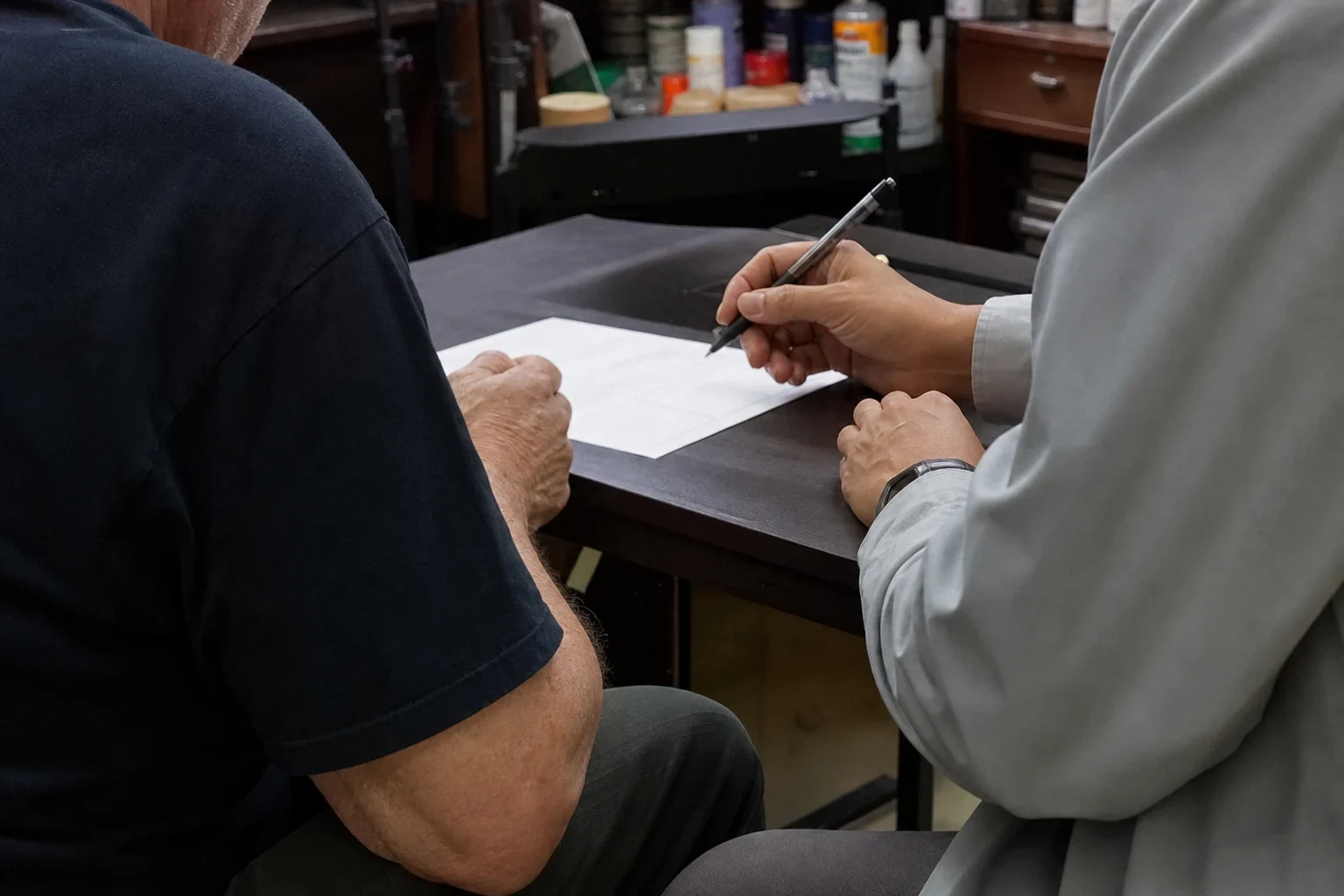 Over-the-shoulder view of an older man in a navy T-shirt and an agent with a pen reviewing a short form on a desk in a shop's back room.