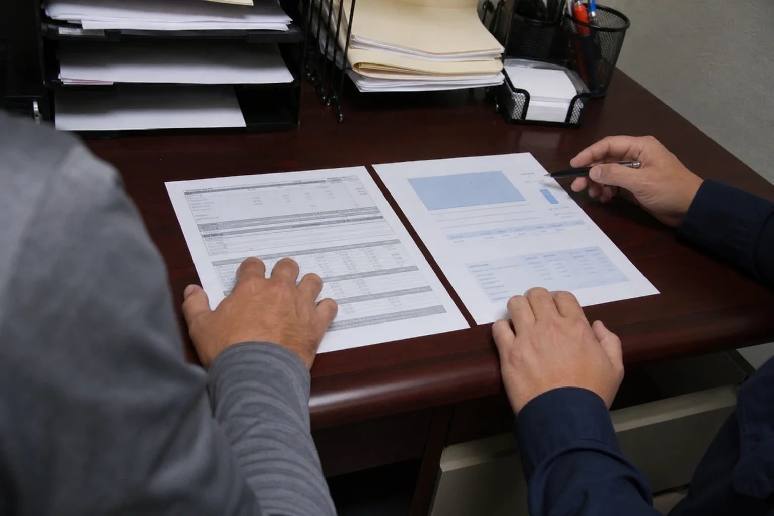 Two people at a dark wood office desk comparing two printed documents side by side, one holding a pen, with paper trays, folders and a pen holder behind.