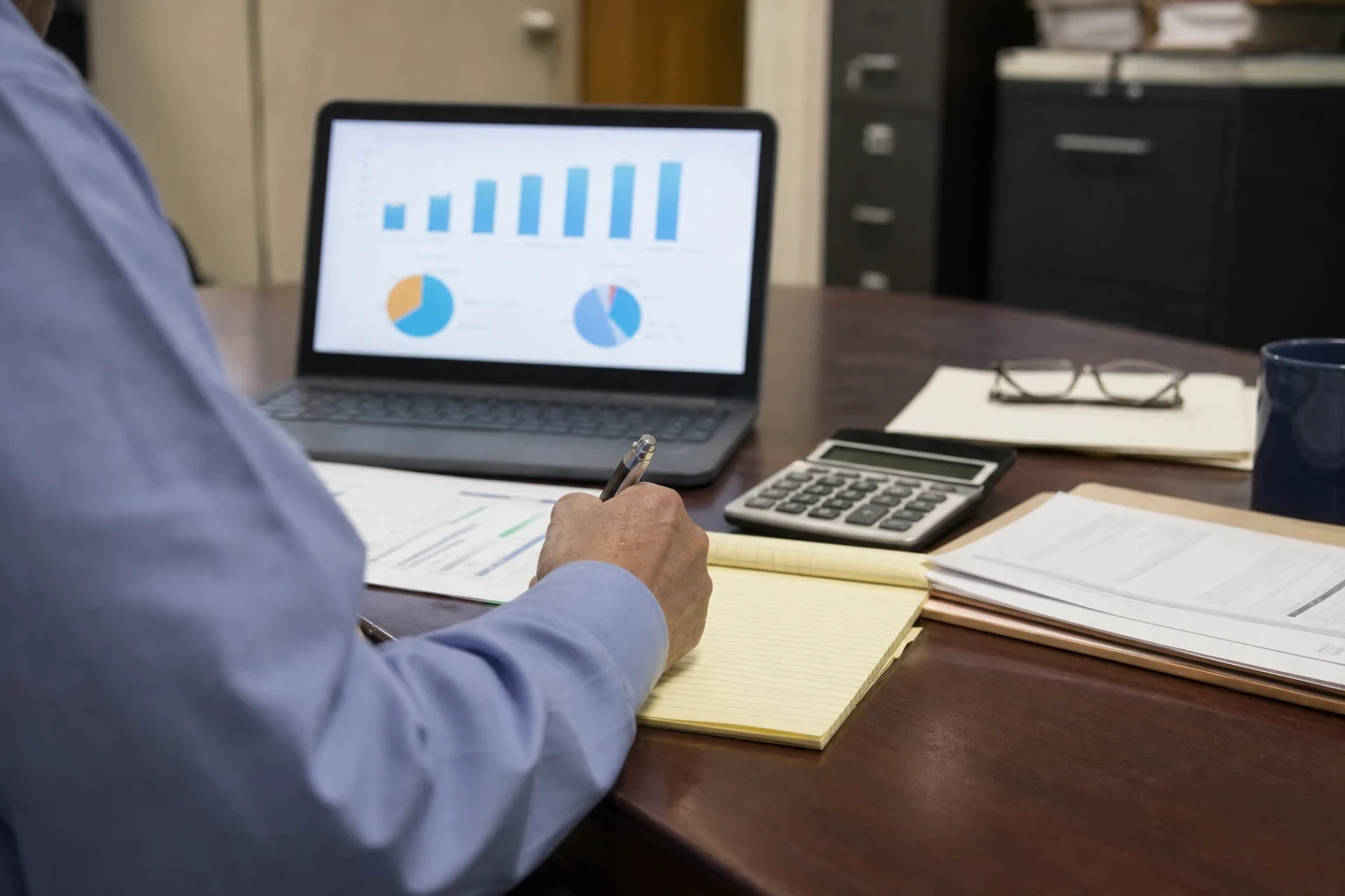 Person in a blue shirt writing on a yellow legal pad at an office desk with a laptop showing bar and pie charts, a calculator, folders, glasses and filing cabinets.